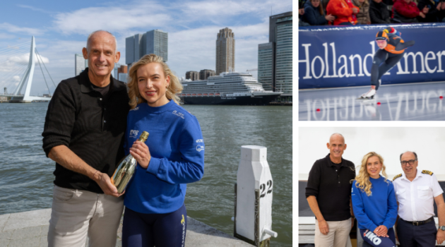 Nico Bleichrodt (HAL), Joy Beune and Nieuw Statendam Captain Werner Timmers in Port of Rotterdam Credit: Holland America Line